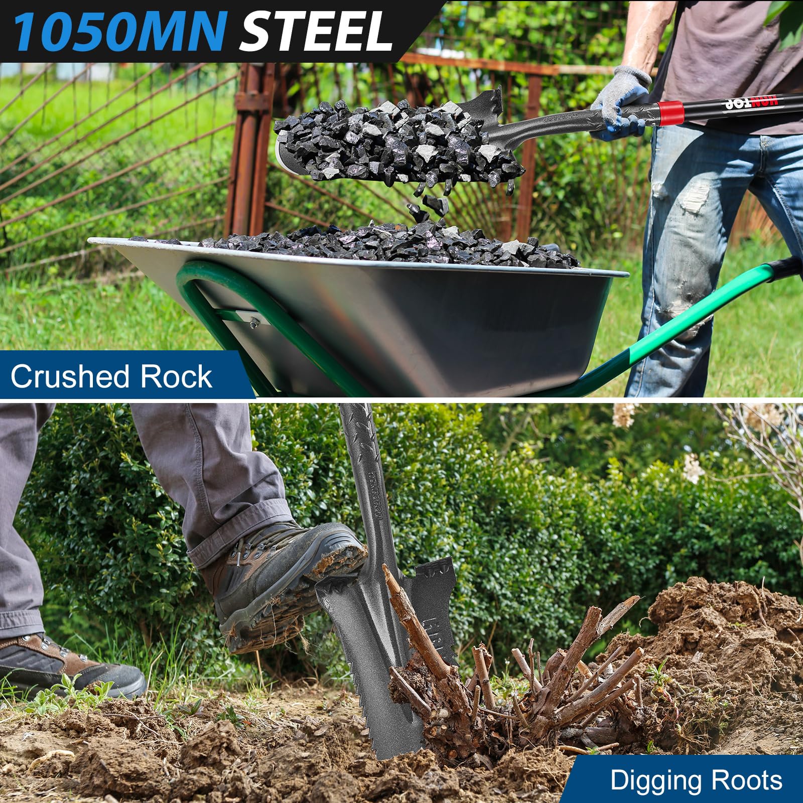 HANTOP next to common garden tools for scale, shows 44-inch length advantage