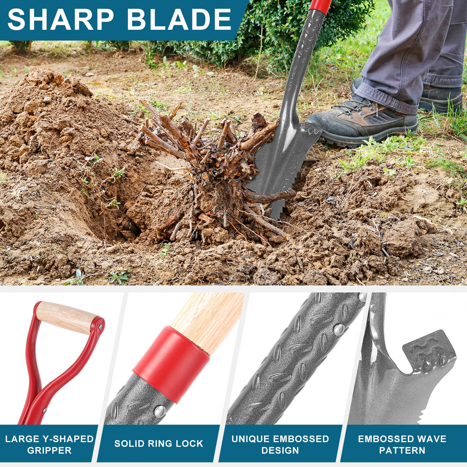 HANTOP spade beside measuring tape showing 44-inch length for reach and leverage comparison