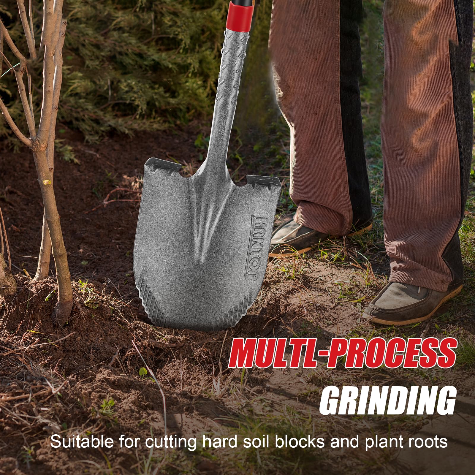 HANTOP shovel in use digging compacted soil showing improved leverage and reach