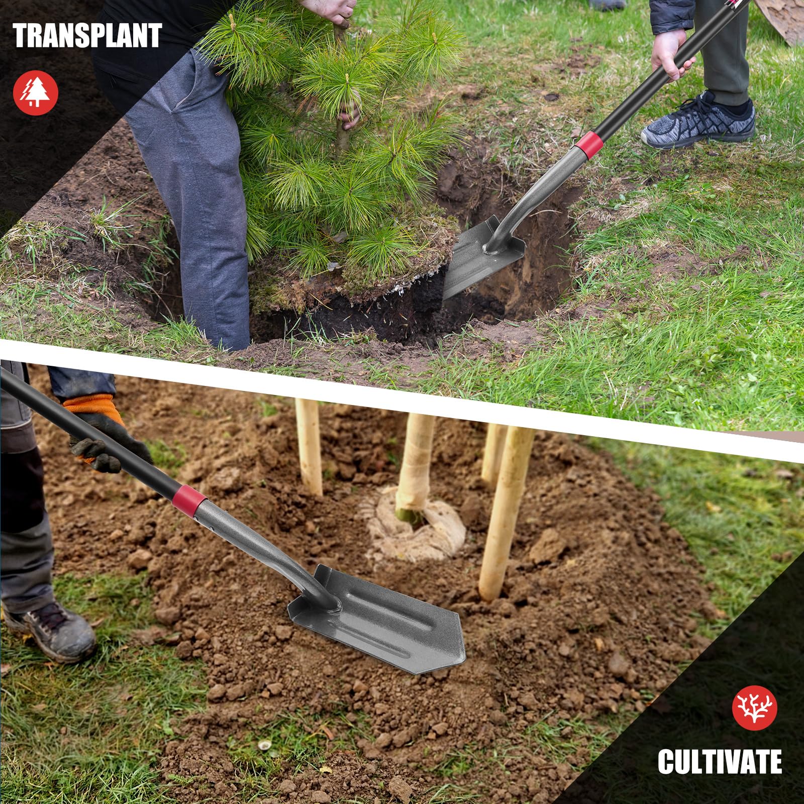 HANTOP shovel next to tape measure showing 57-inch length for leverage