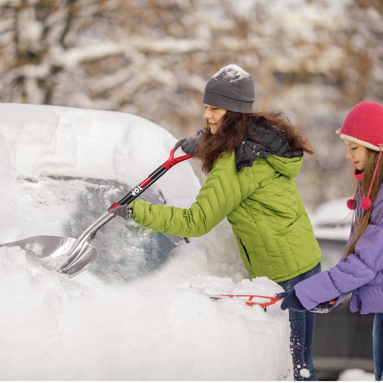 HANTOP shovel stored in car trunk ready for roadside snow clearing