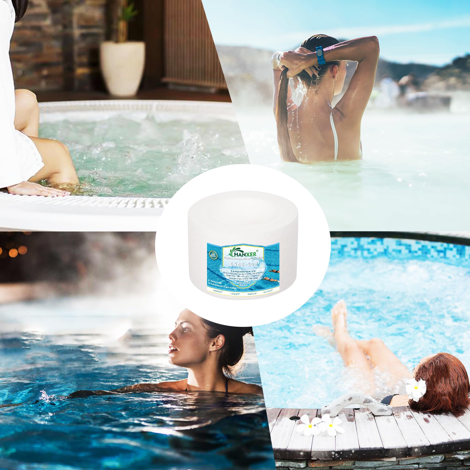 HANXER filter beside a clean hot tub illustrating clearer water after replacement