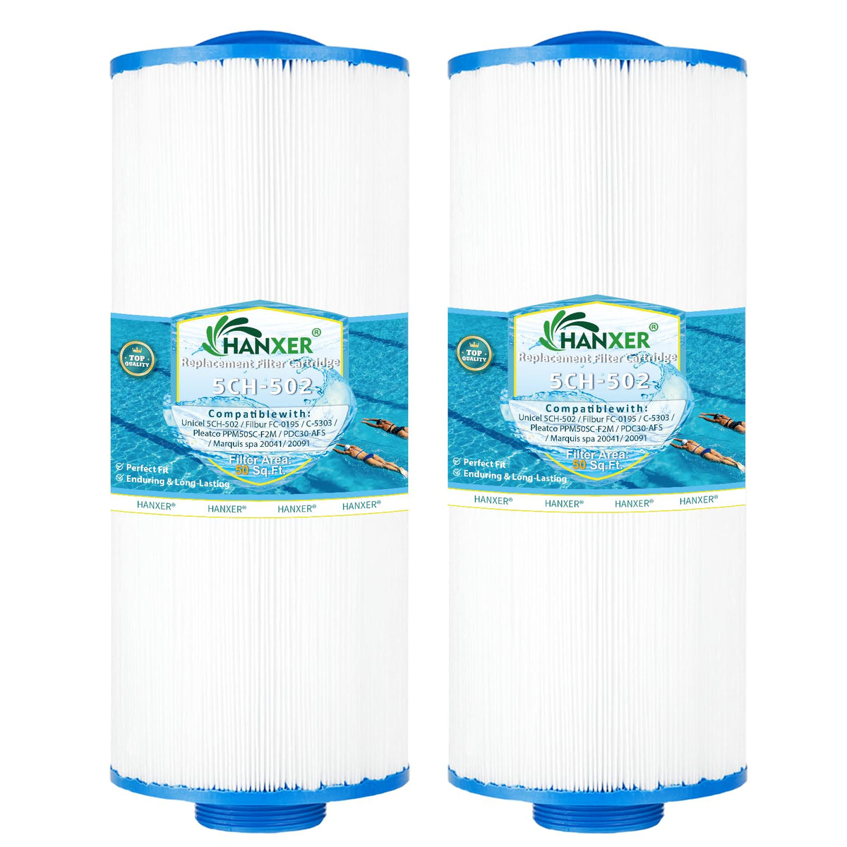 HANXER spa filter front view showing bar handle and fit benefits