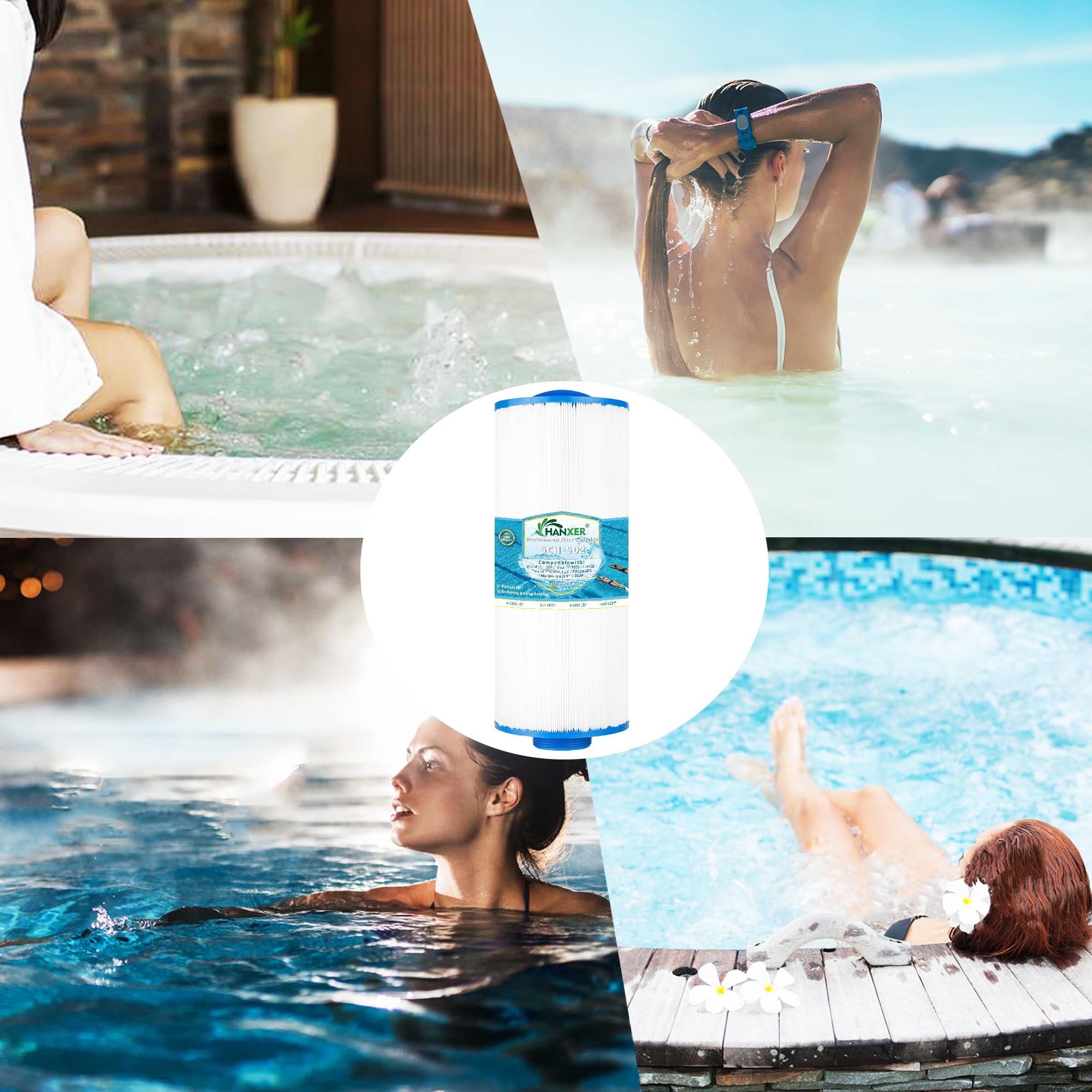 HANXER filter beside a hot tub highlighting clearer water performance
