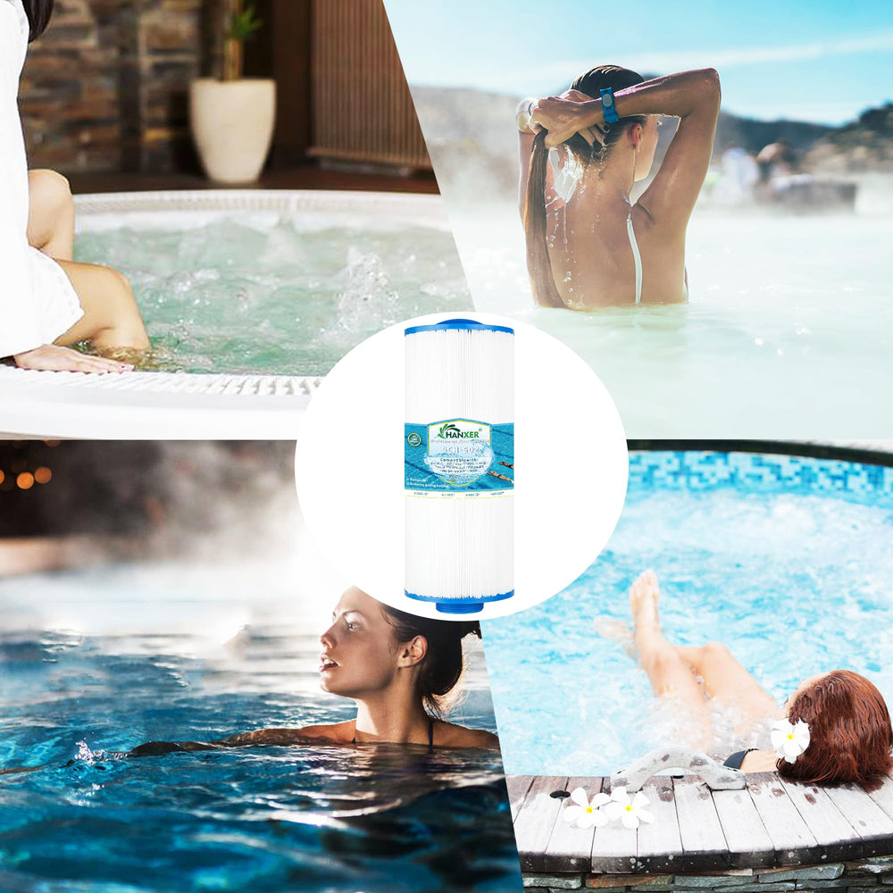 HANXER filter beside a hot tub highlighting clearer water performance