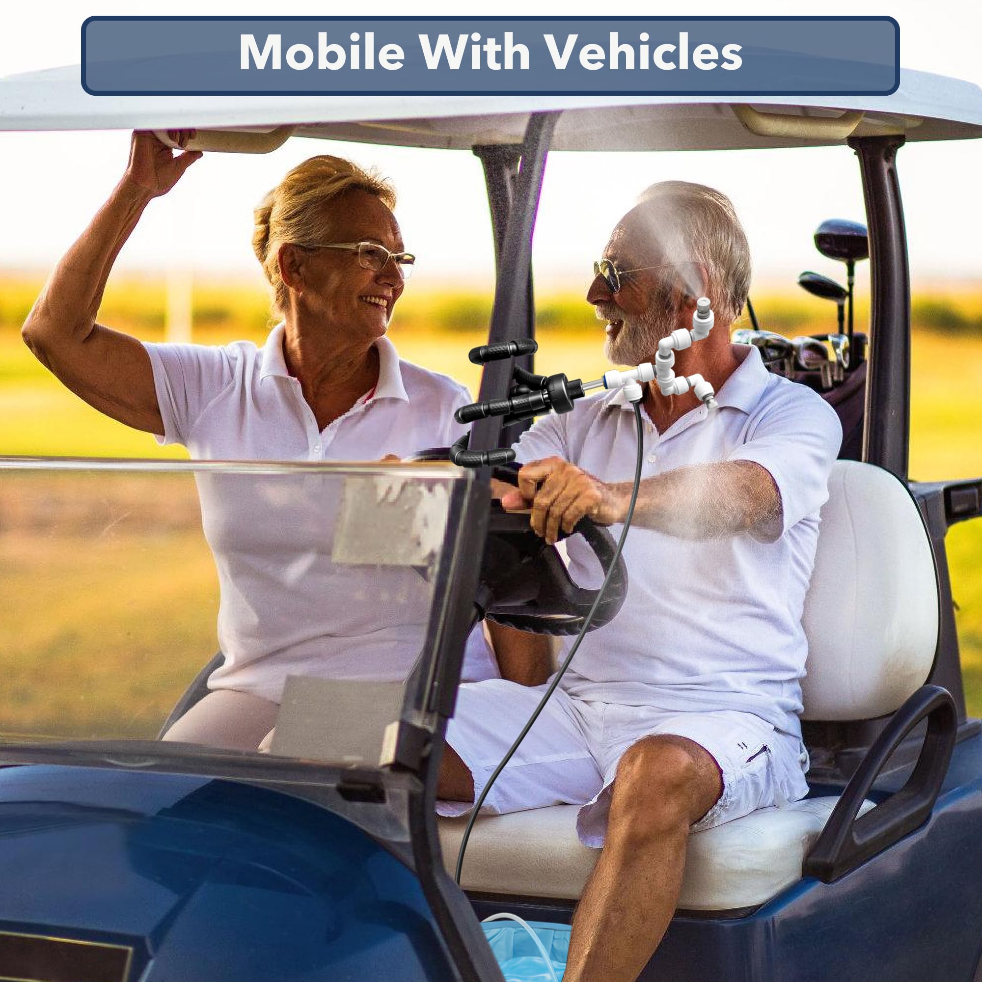 HAOWIN misting system mounted on golf cart cooling passengers