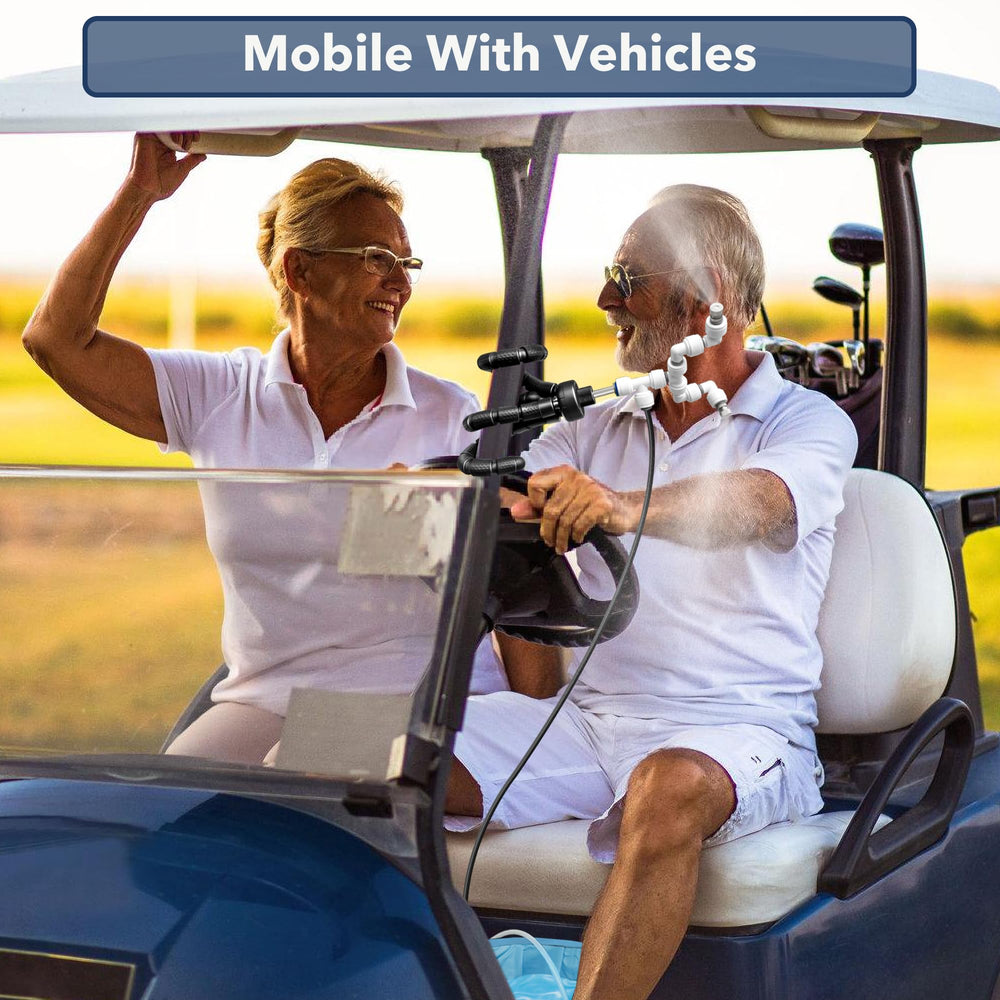 HAOWIN misting system mounted on golf cart cooling passengers