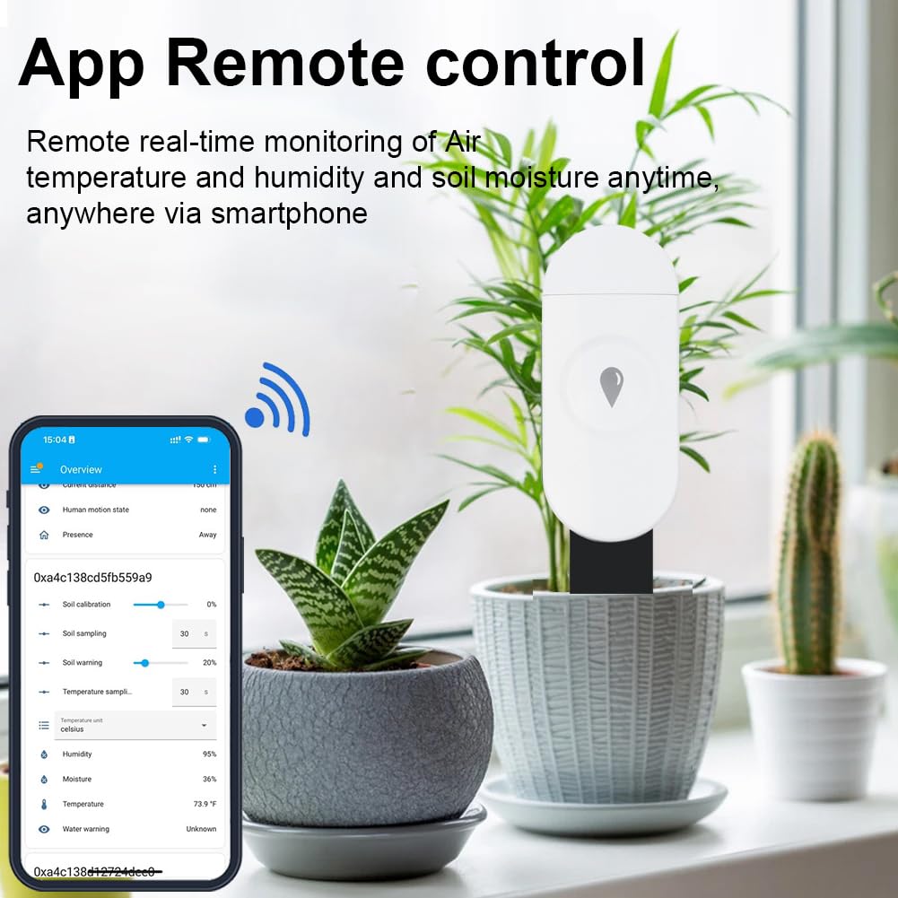 Haozee probe inserted in a potted plant showing real-time soil moisture monitoring
