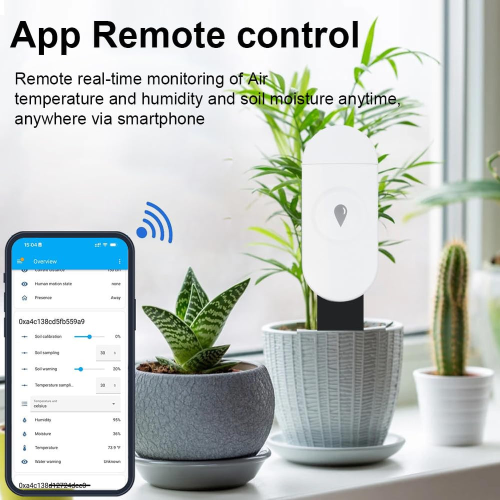 Haozee probe inserted in a potted plant showing real-time soil moisture monitoring