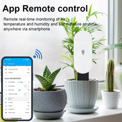 Haozee probe inserted in a potted plant showing real-time soil moisture monitoring