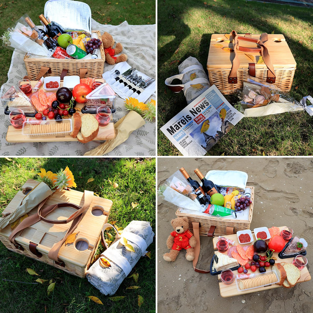 Hap Tim picnic blanket and basket staged on grass for a comfortable couple outing