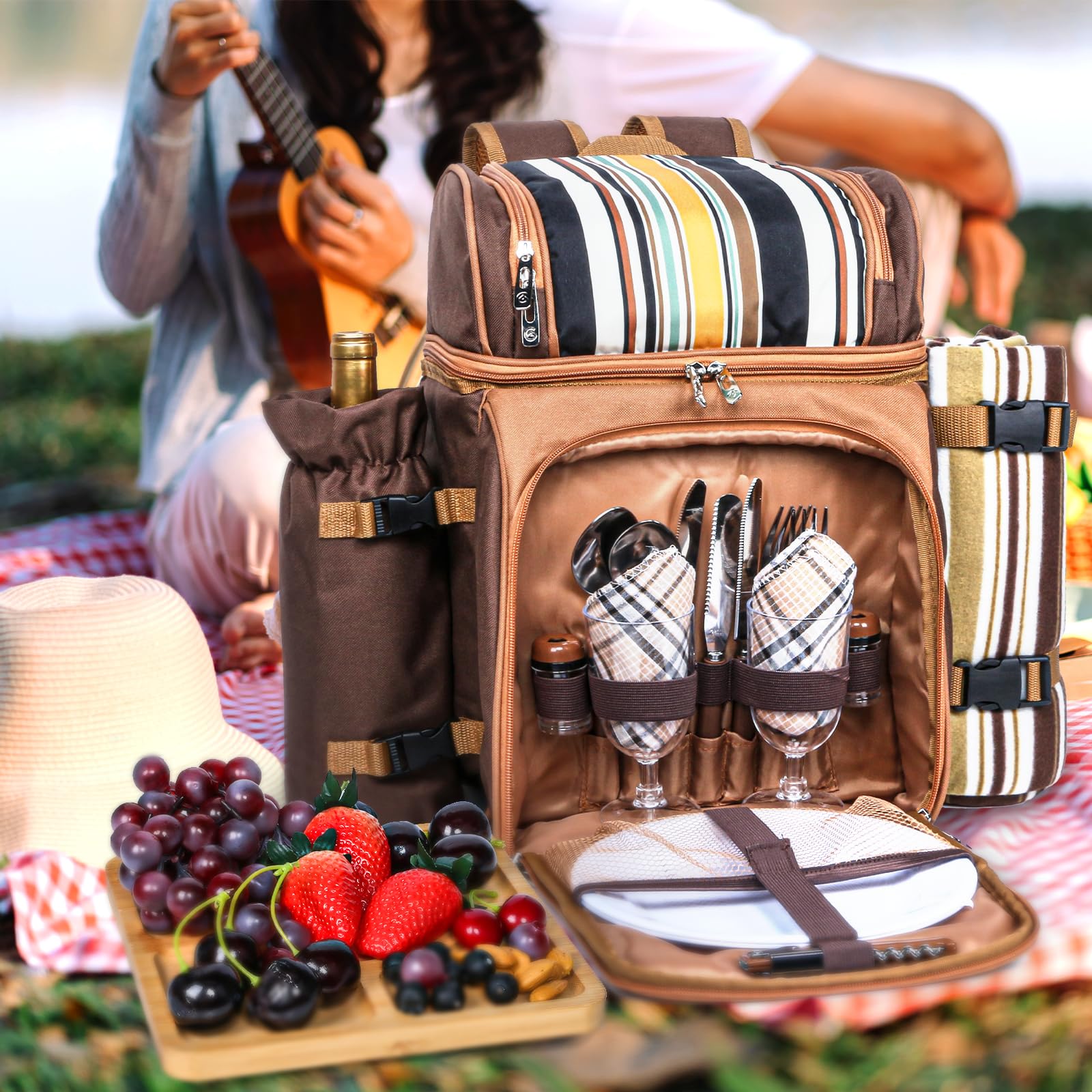 Hap Tim picnic blanket and wine holder displayed to show waterproof seating and secure bottle transport