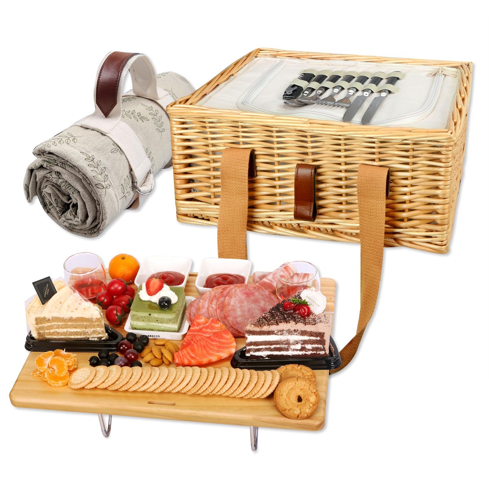 Hap Tim front view of wicker picnic basket showing organized storage and easy transport