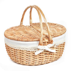 Hap Tim picnic basket front view showing wicker and lid, elegant portable storage