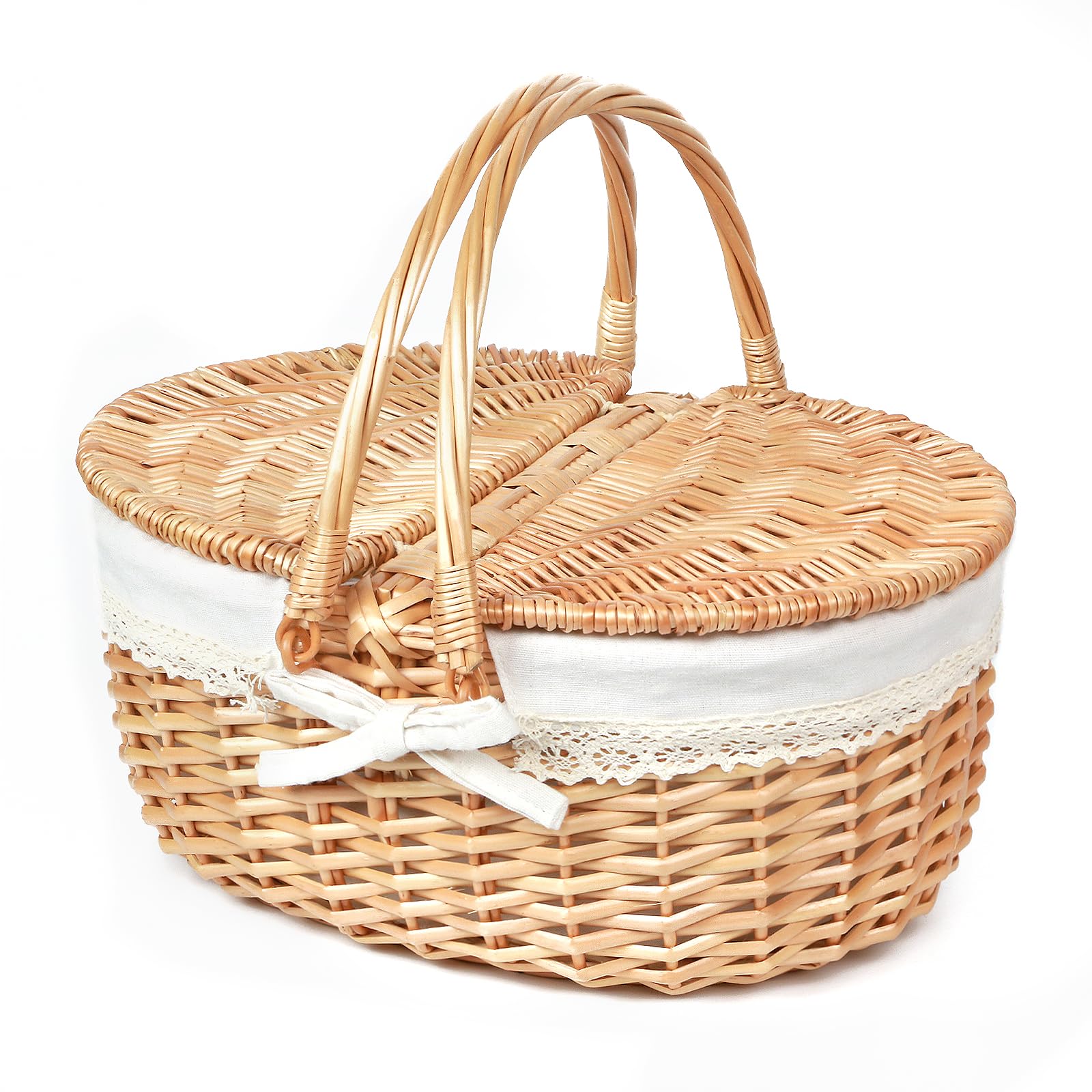 Hap Tim front view of picnic basket shows elegant white lace and compact design for gifting