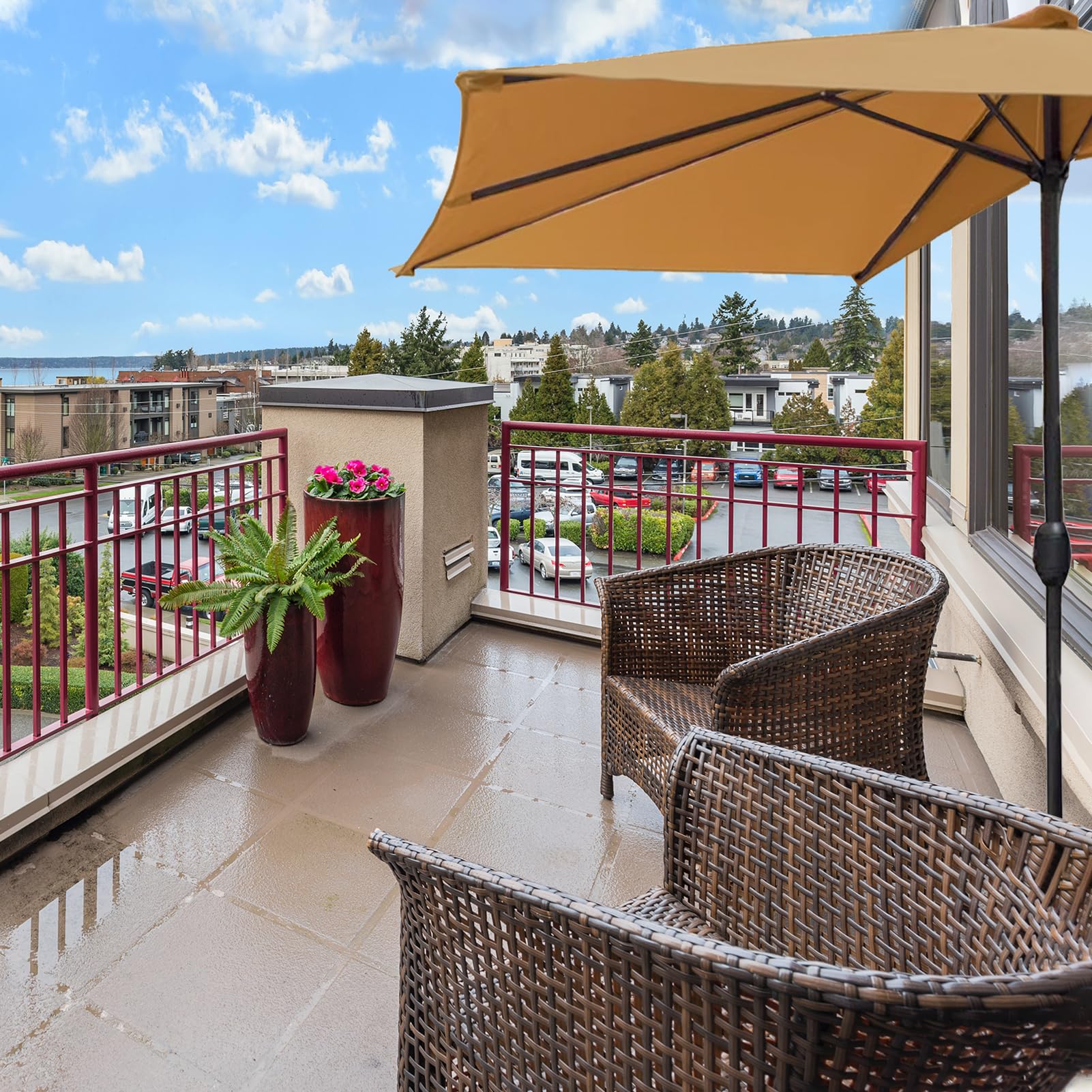 Hapivida canopy installed on a balcony providing compact wall-adjacent shade