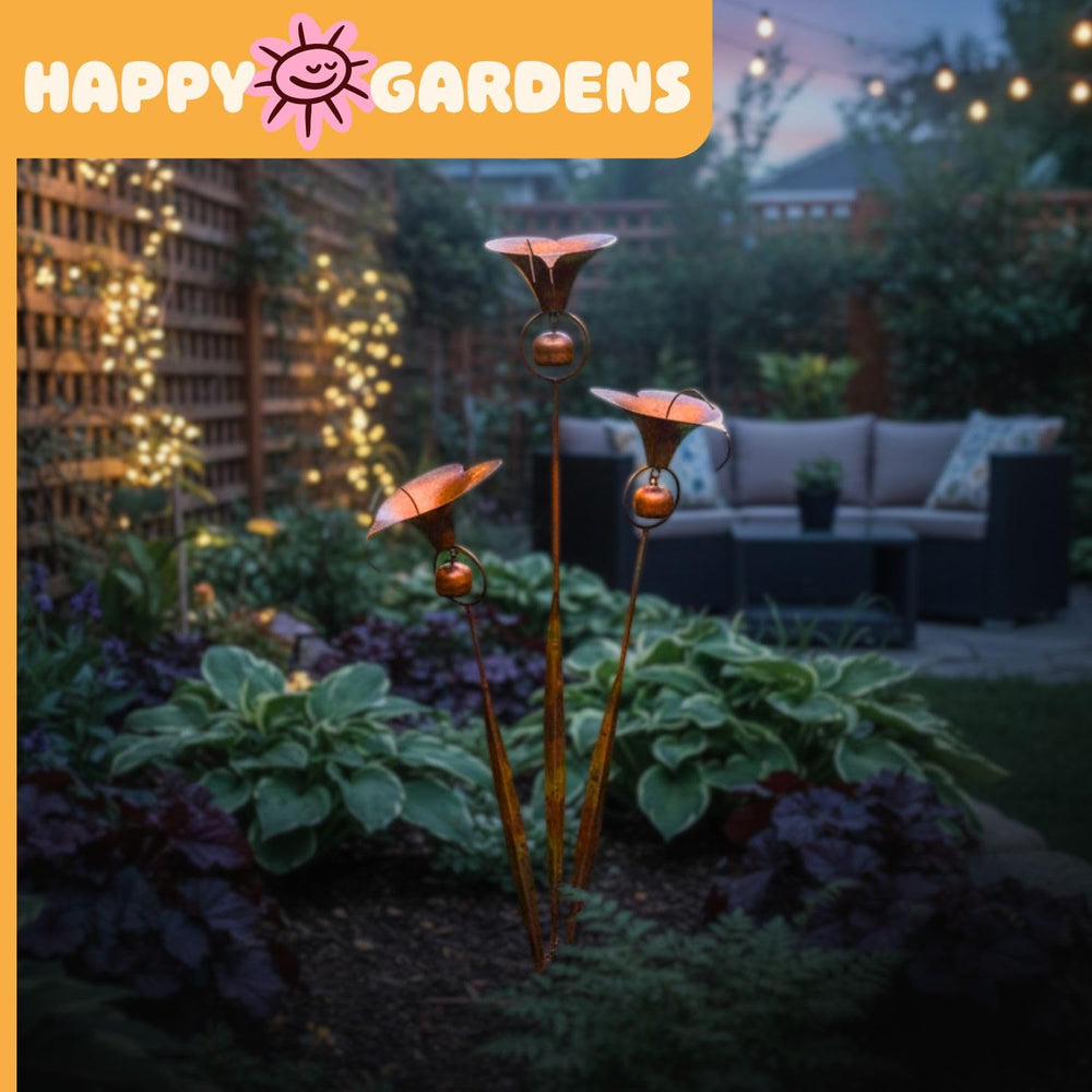 Happy Gardens evening setting with stake producing soft chimes for relaxing outdoors