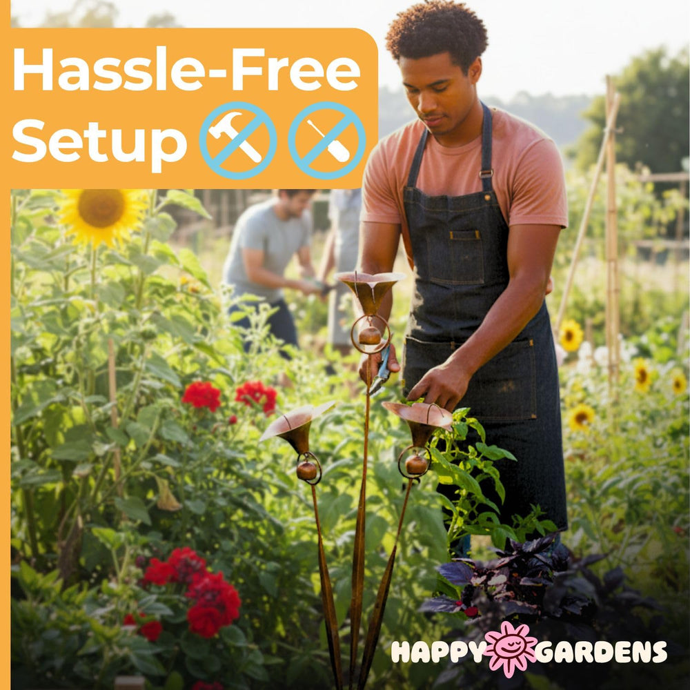 Happy Gardens stake next to hand showing scale and easy placement advantage