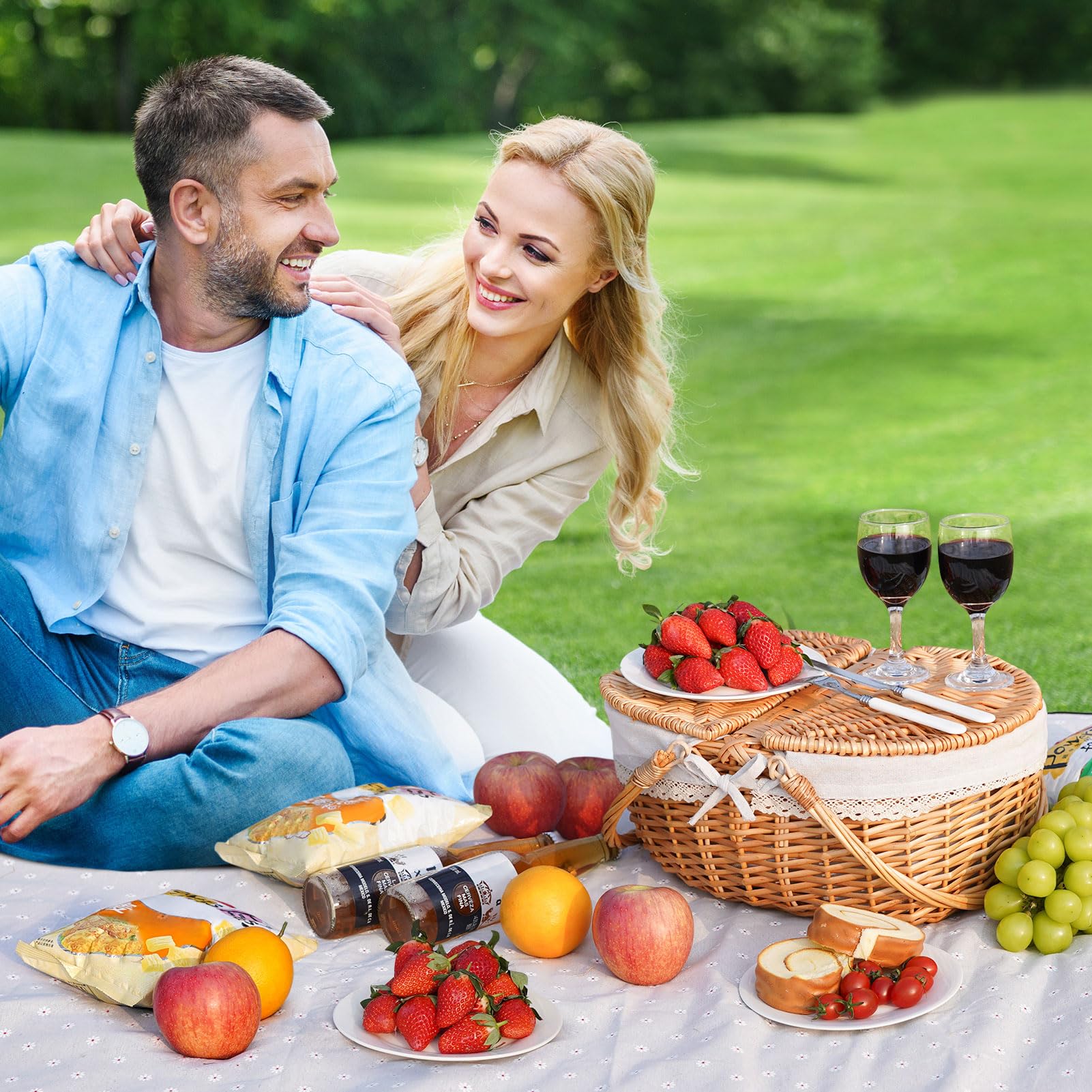 HappyPicnic basket in park picnic setup for convenient portable dining benefit