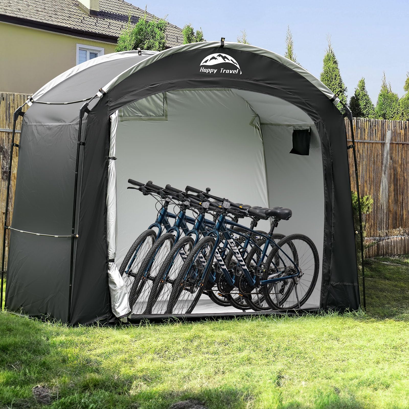 HAPPY TRAVEL bike shed placed in backyard showing lifestyle use
