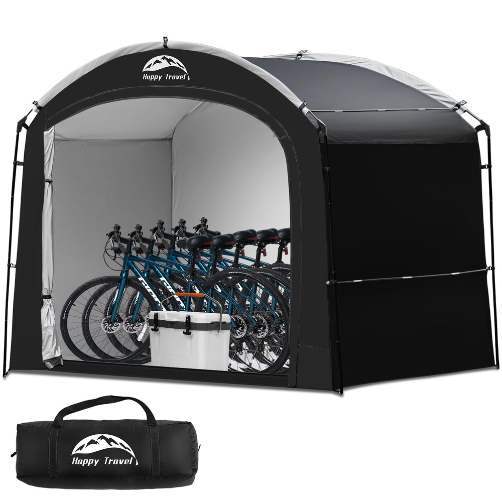HAPPY TRAVEL front view of bike shed showing roomy protection