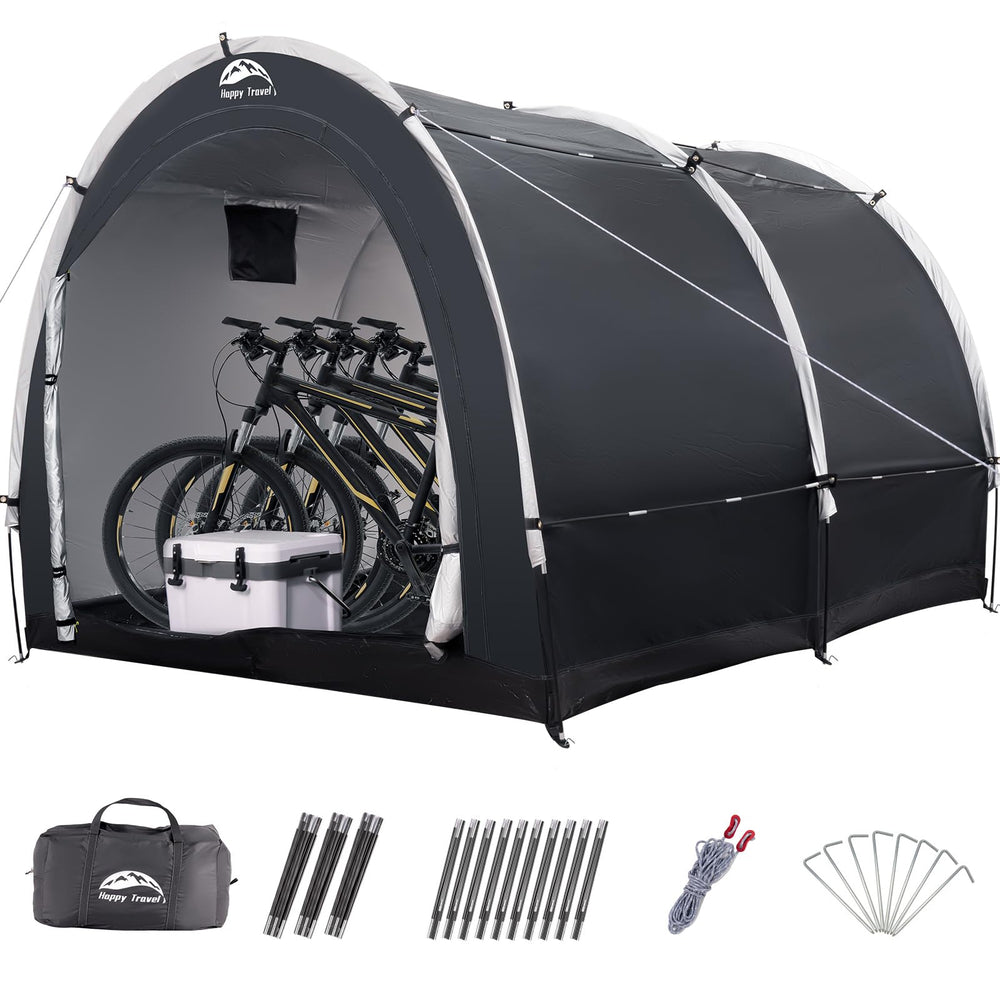 HAPPY TRAVEL front view showing covered bikes and weather protection