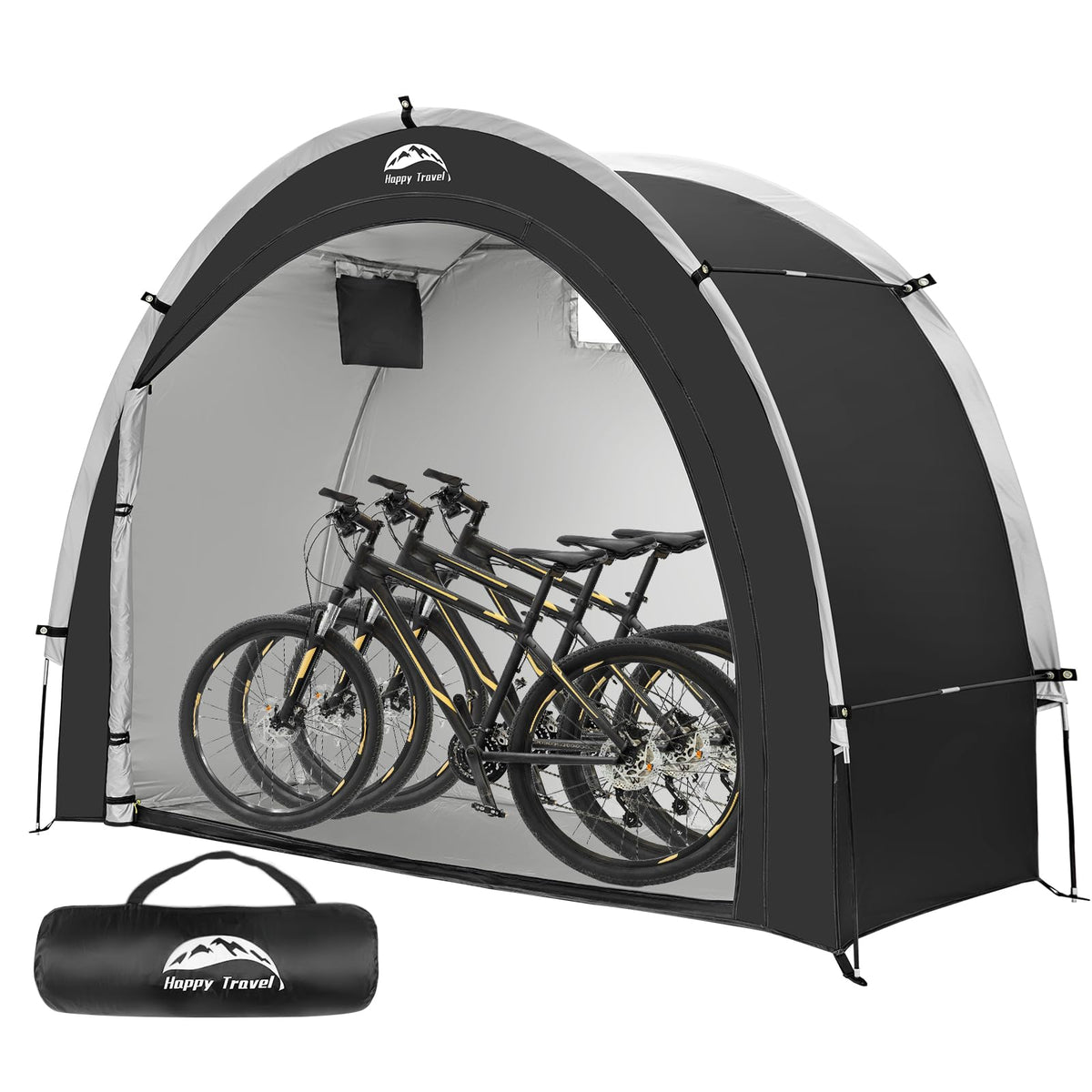 HAPPY TRAVEL front view with multiple bikes protected, shows compact organized storage benefit