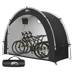 HAPPY TRAVEL front view with multiple bikes protected, shows compact organized storage benefit