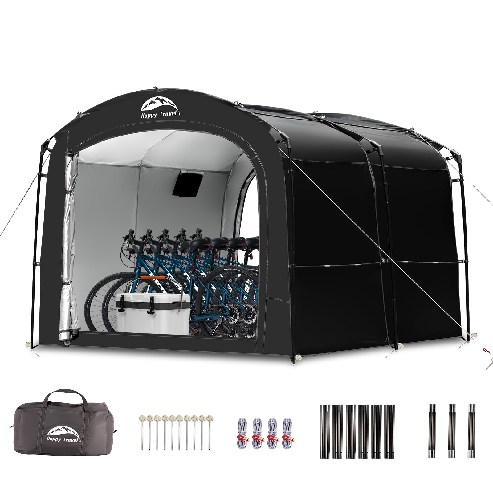 HAPPY TRAVEL front view of tent showing full shelter protecting bikes