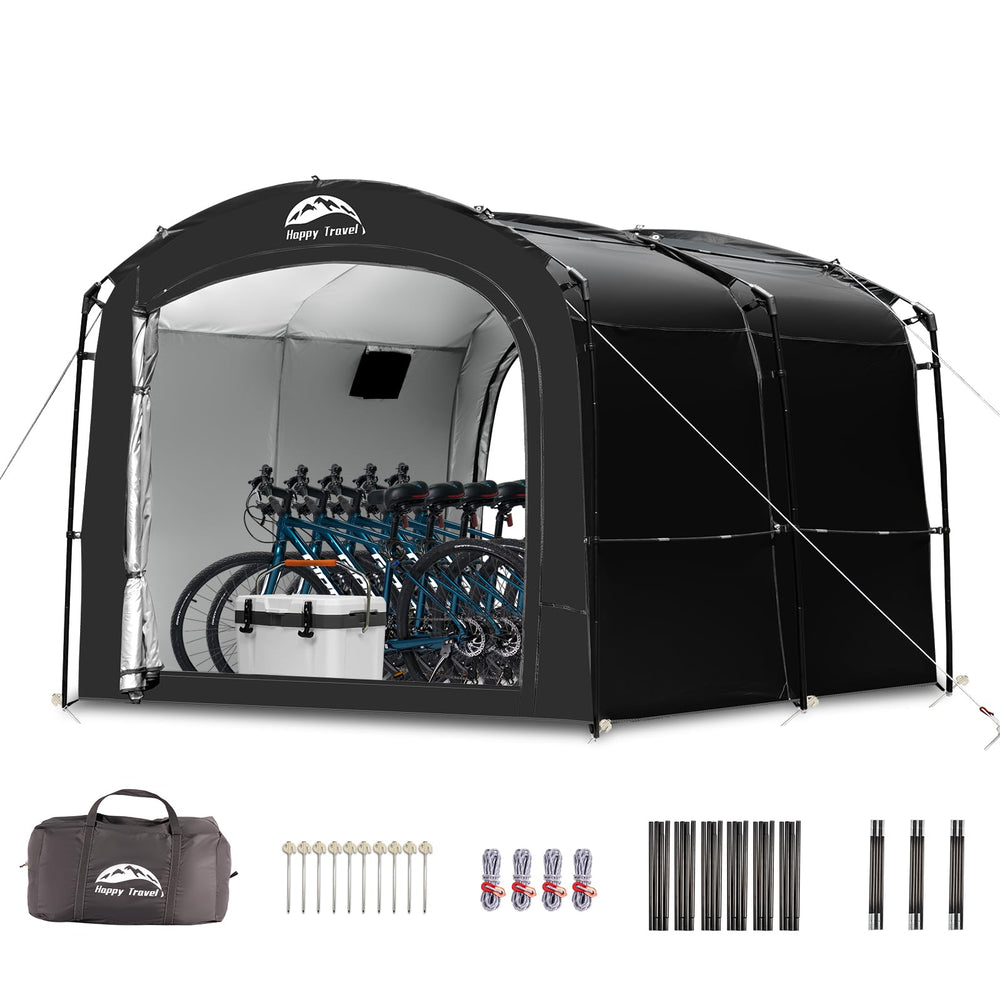 HAPPY TRAVEL front view of tent showing full shelter protecting bikes
