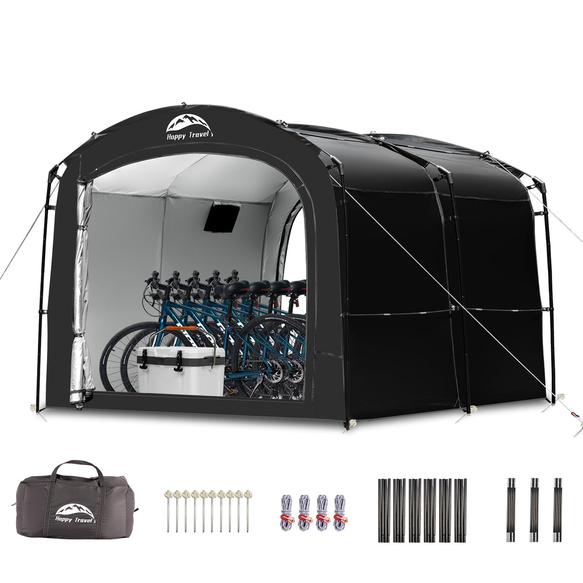 HAPPY TRAVEL front view of tent showing full shelter protecting bikes