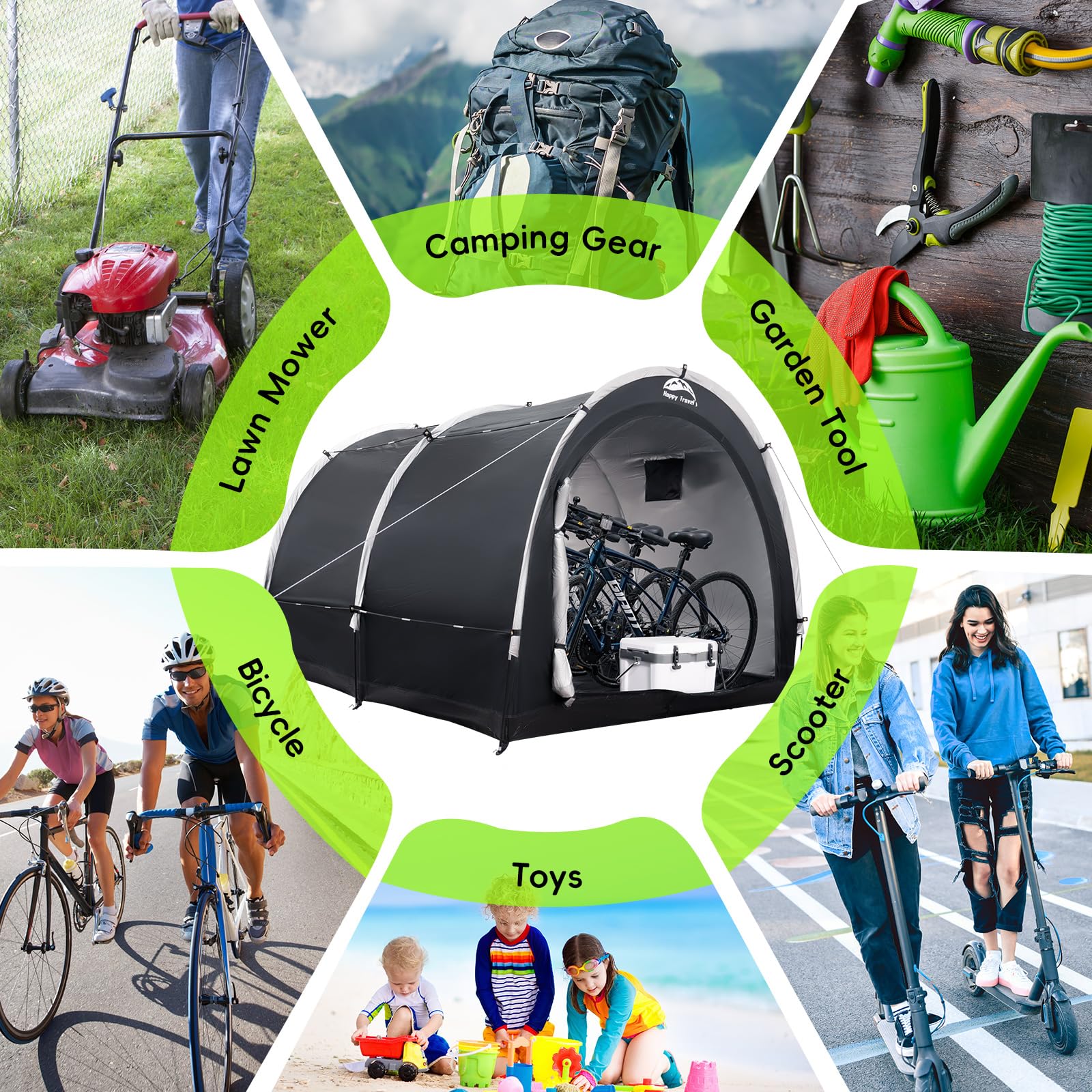 HAPPY TRAVEL shelter used at campsite protecting gear with ventilation