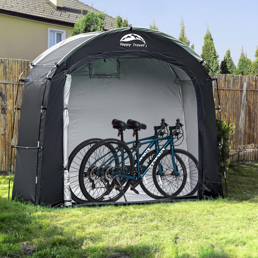 HAPPY TRAVEL backyard setup showing portable shelter for gear benefit