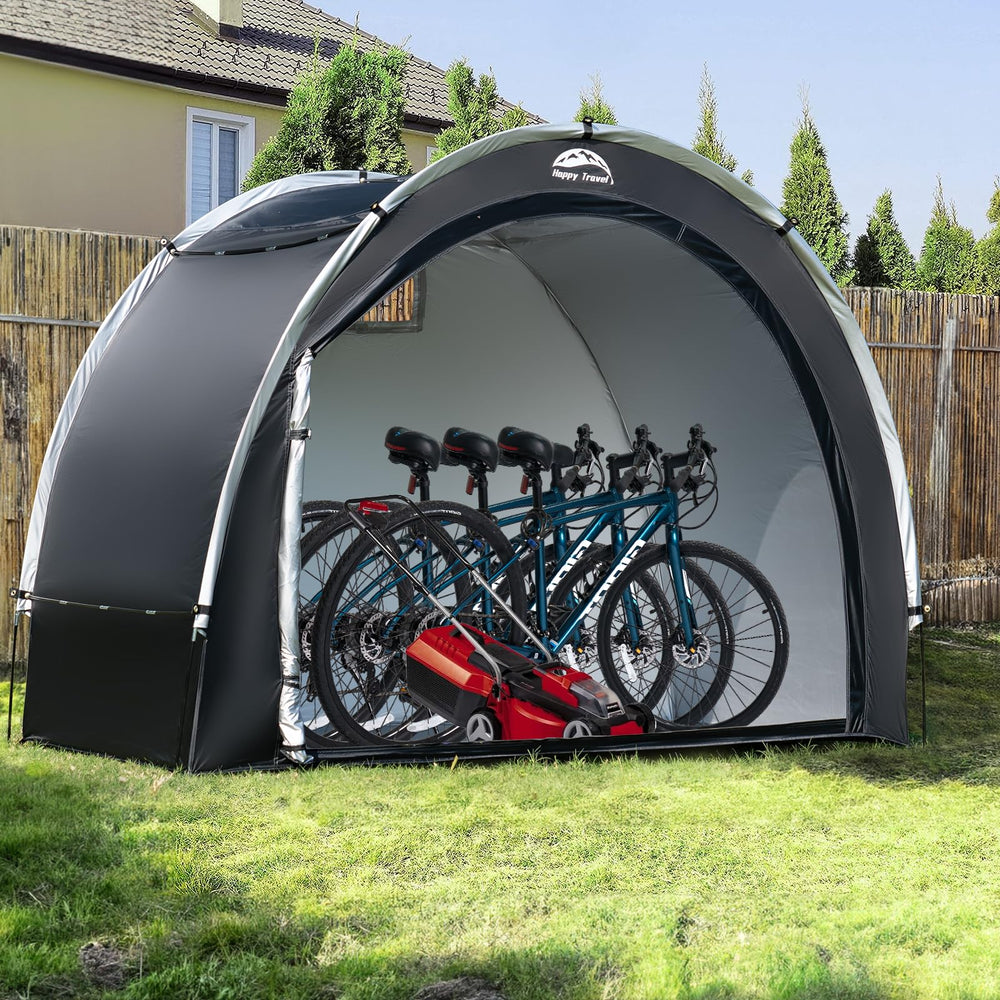 HAPPY TRAVEL backyard setup illustrating easy outdoor gear shelter benefit