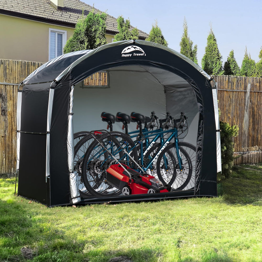 HAPPY TRAVEL backyard setup illustrating shelter protecting bikes outdoors