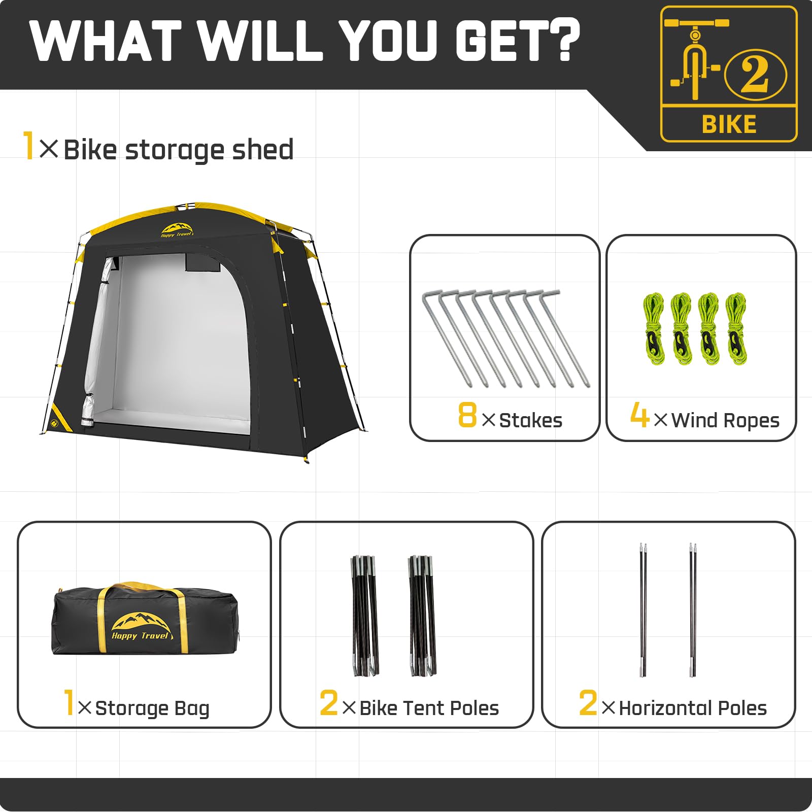HAPPY TRAVEL backyard setup showing sheltered bikes and protected gear