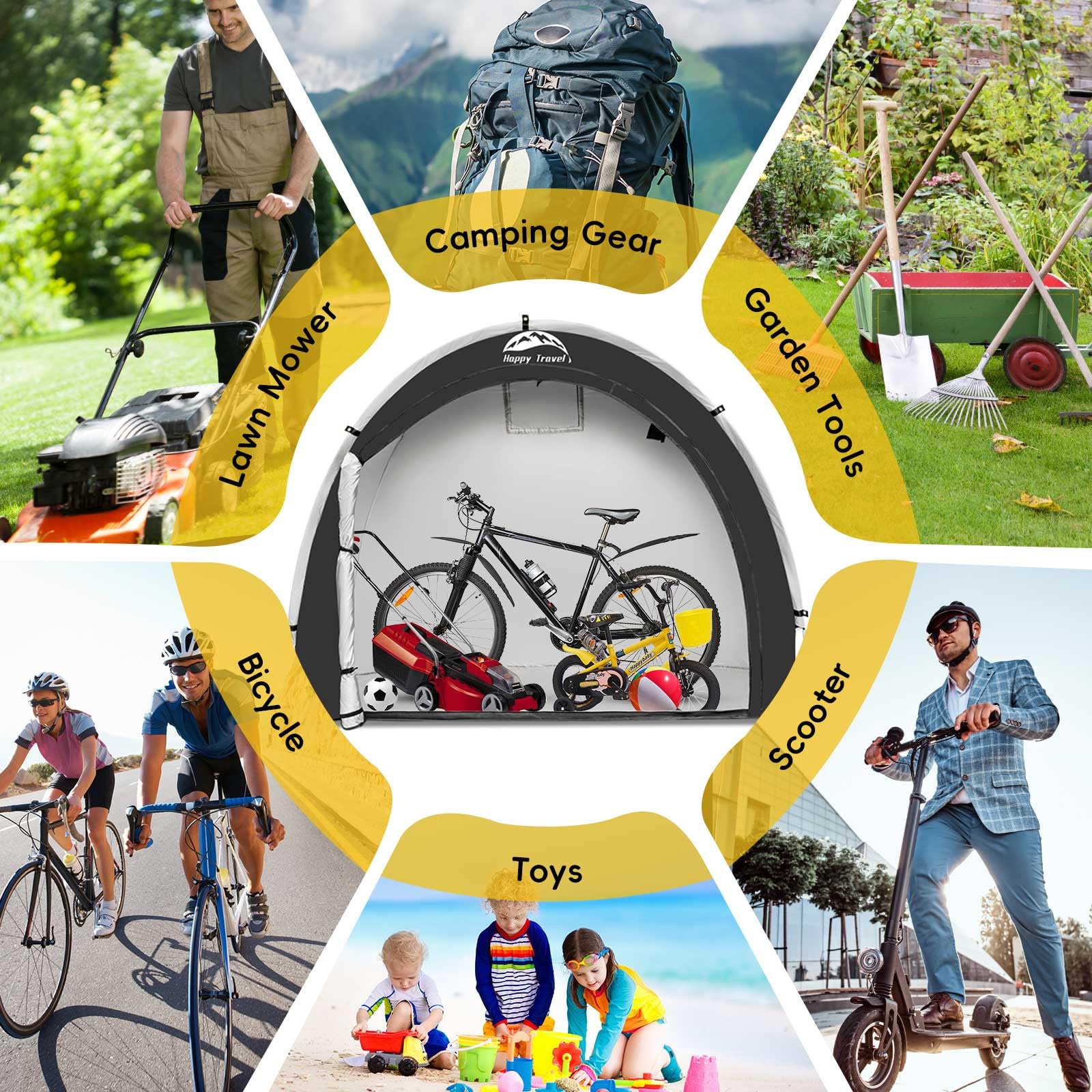 HAPPY TRAVEL driveway setup with tent protecting bikes in everyday use