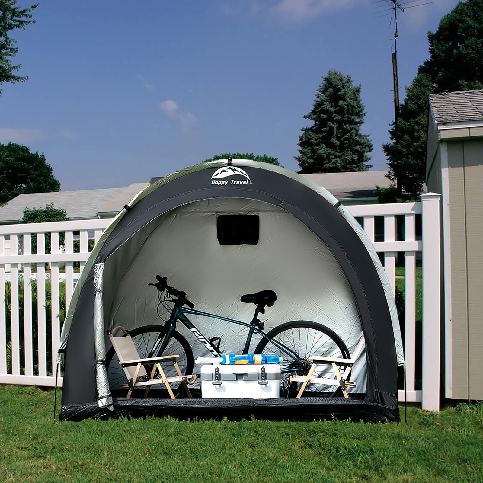 HAPPY TRAVEL shelter storing garden tools to reduce yard clutter and protect equipment