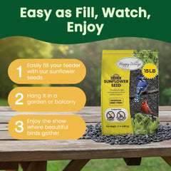 Happy Wings seeds with cardinal and chickadee feeding for vibrant yard activity