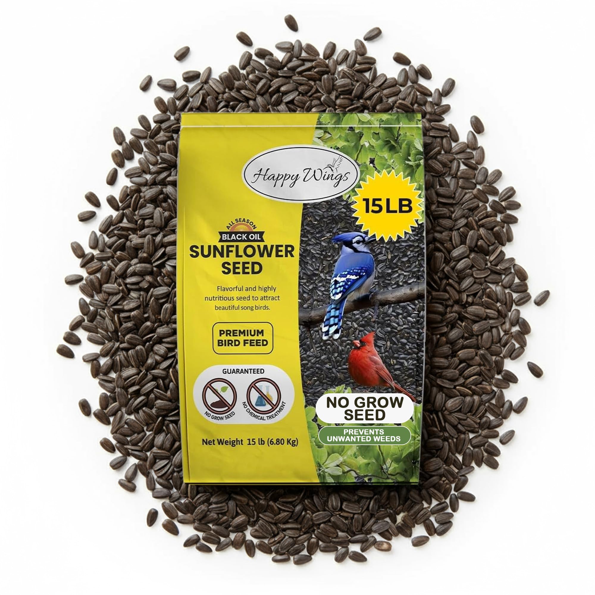 Happy Wings front-of-bag showing 15 lb packaging and clear benefits