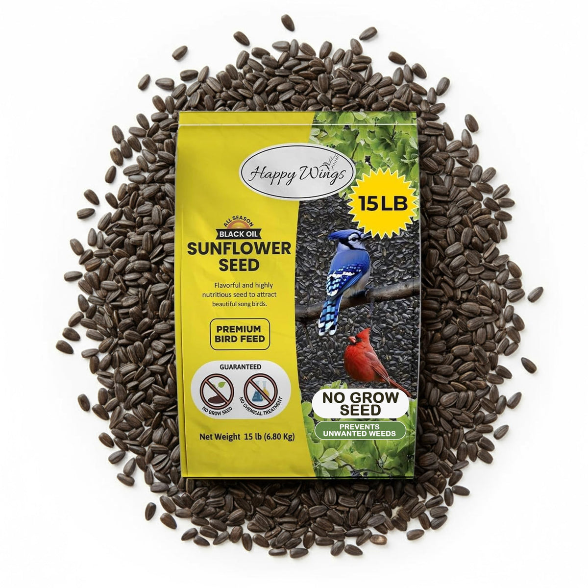 Happy Wings front-of-bag showing 15 lb packaging and clear benefits