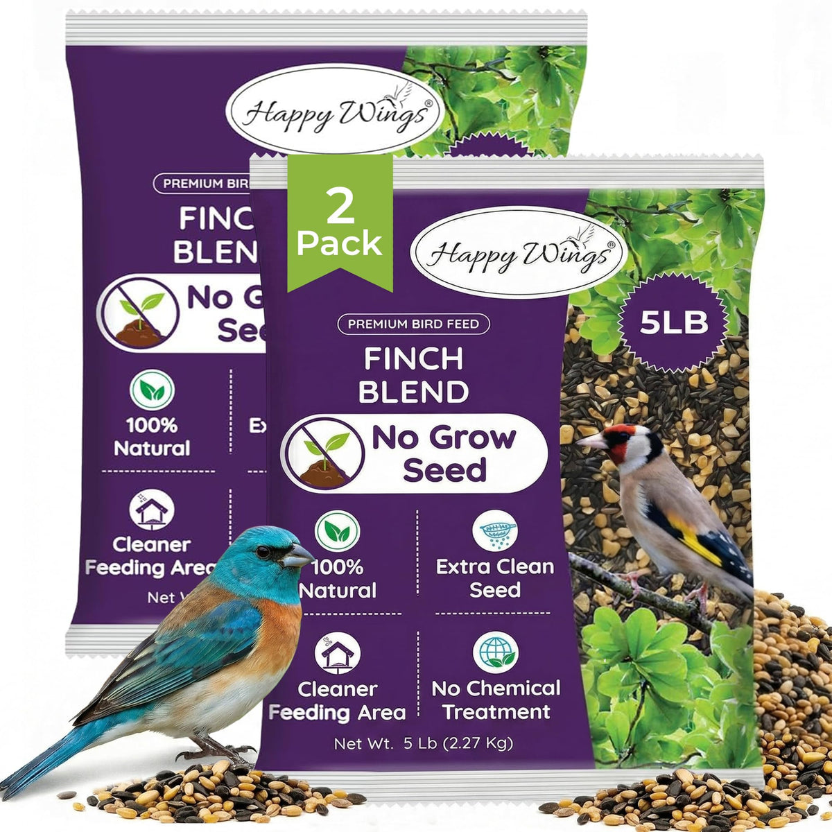 Happy Wings front packaging showing two 5lb bags and product labeling benefits