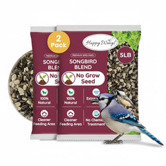 Happy Wings front packaging showing brand and 10lb songbird blend benefit of attracting many species