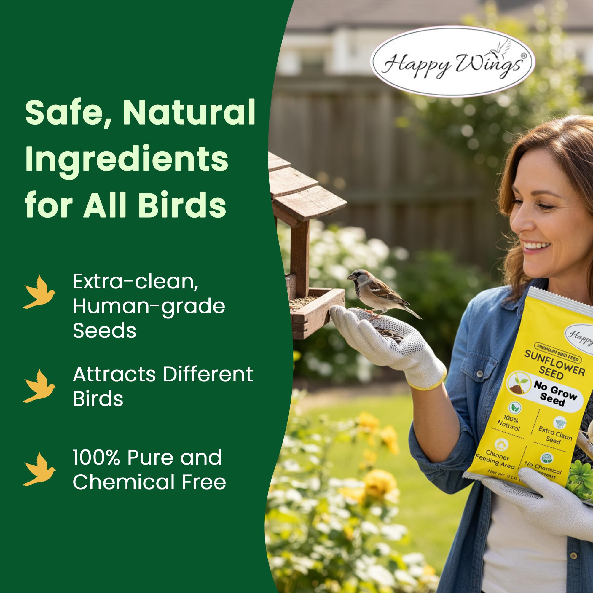 Happy Wings seeds pouring into a feeder to illustrate easy refilling and low waste