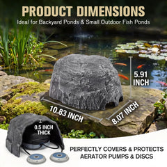 HappyAlley faux rock cover installed at pond edge hiding pump and improving landscape aesthetics
