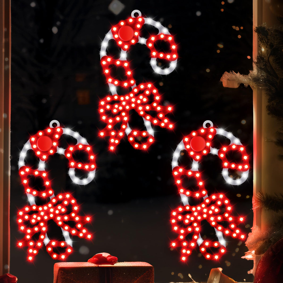 HappyAlley front view of three candy cane lights, bright holiday focal point