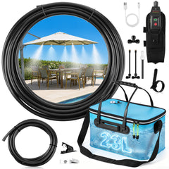 HappyAlley front view of blue portable misting system showing kit components and benefits