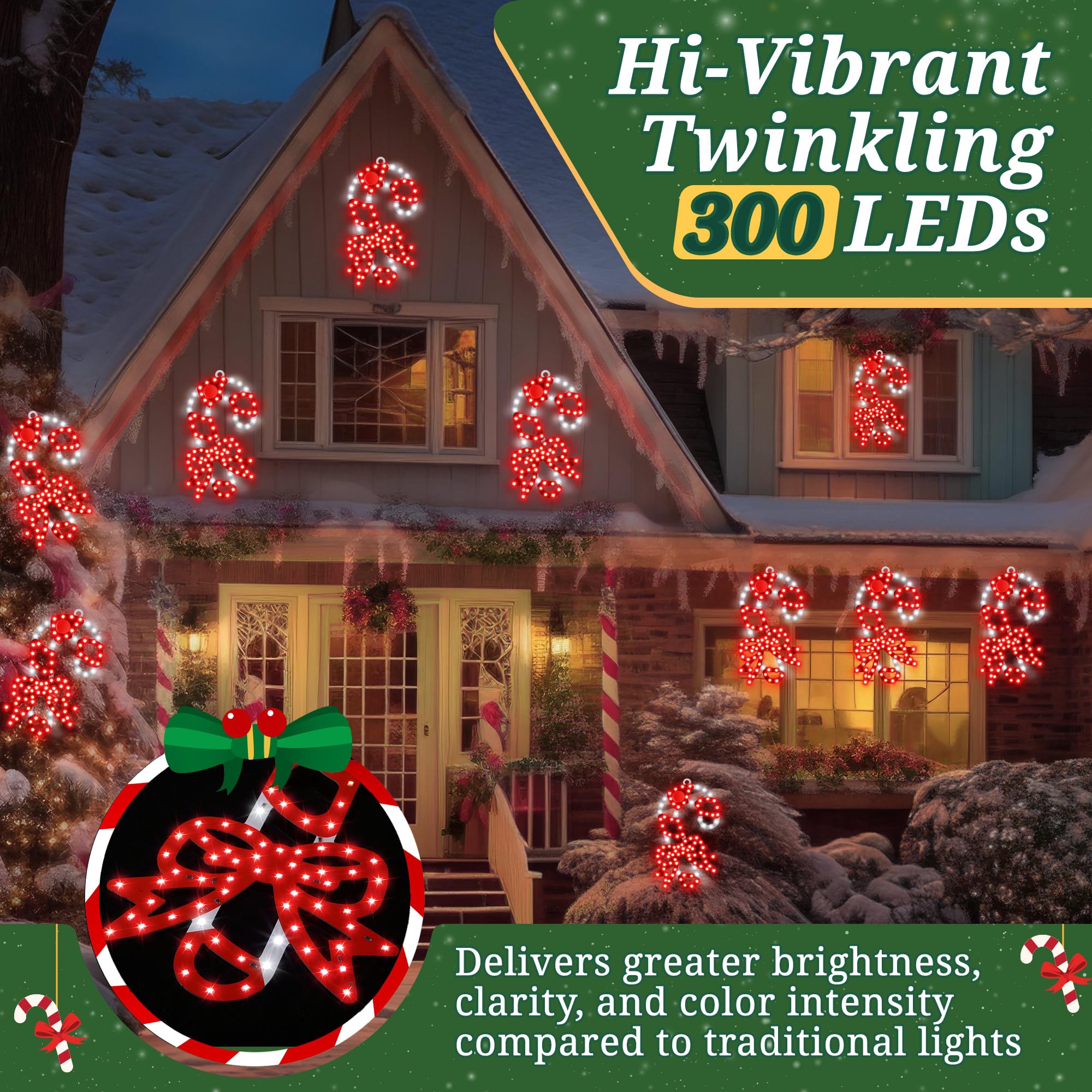 HappyAlley candy cane lights glowing on porch creating welcoming ambiance