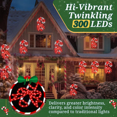 HappyAlley candy cane lights glowing on porch creating welcoming ambiance