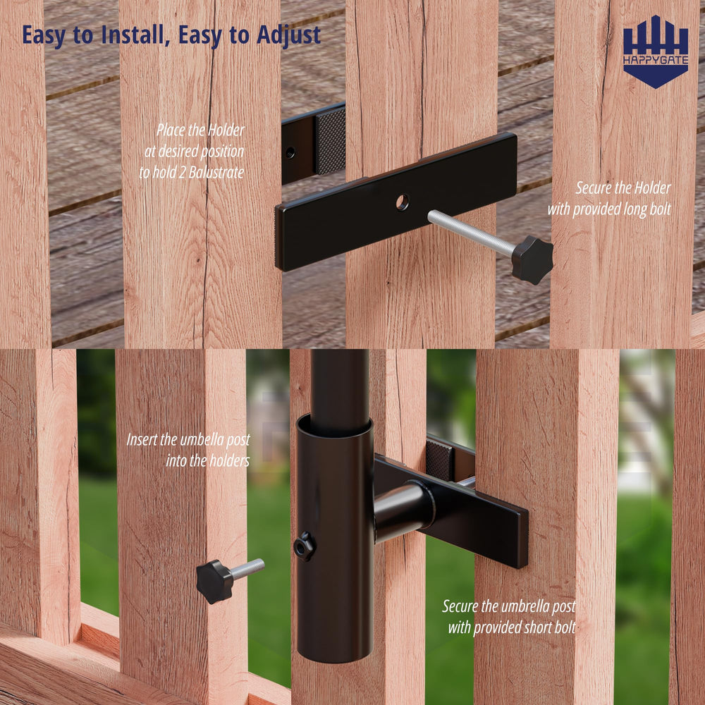 HAPPYGATE on balcony with umbrella creating shaded outdoor seating